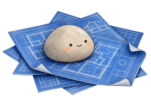 Kipso, a friendly stone, resting on construction blueprints
